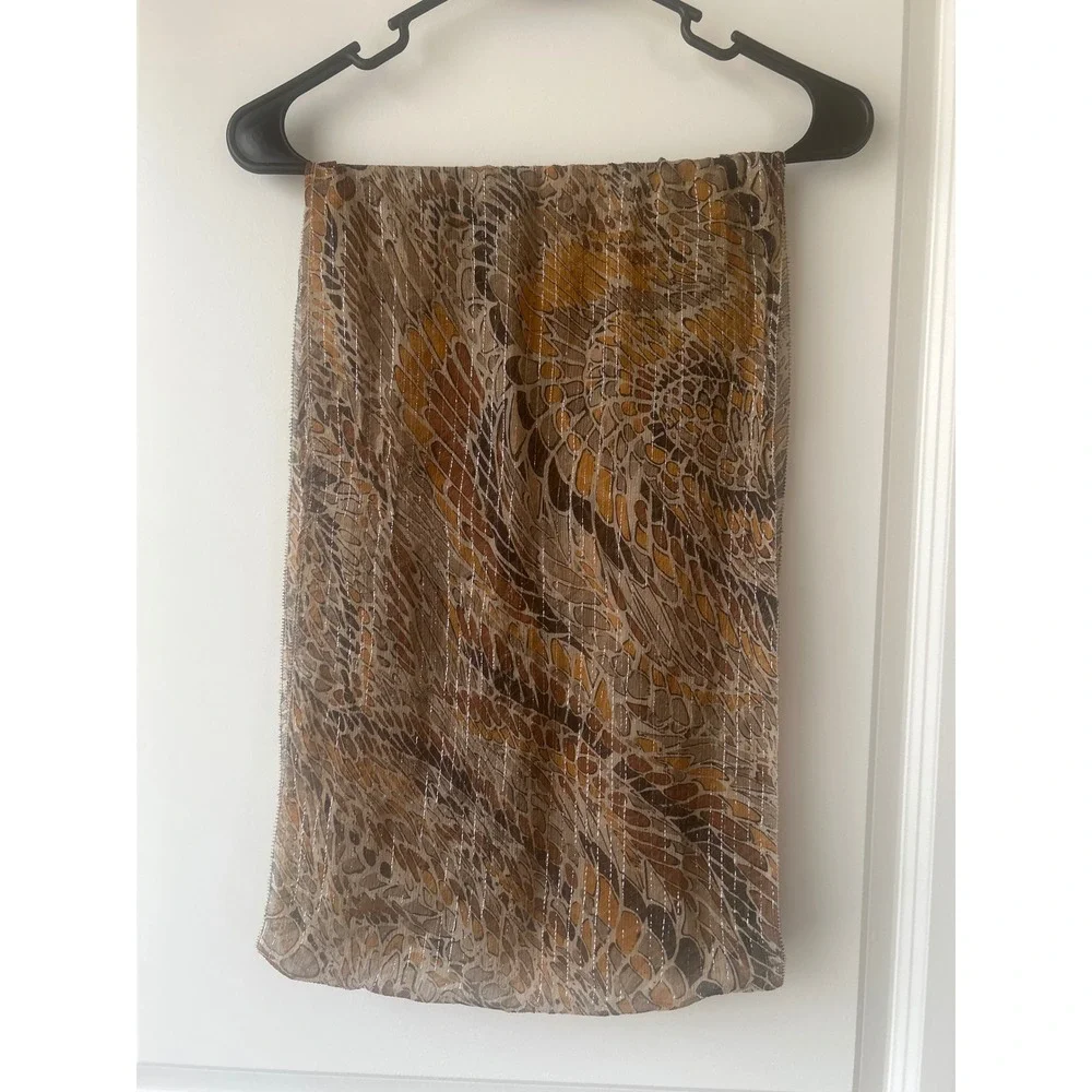 Vintage Brown Amber Abstract Print Sheer Scarf Silver Metallic Stripe Shimmer